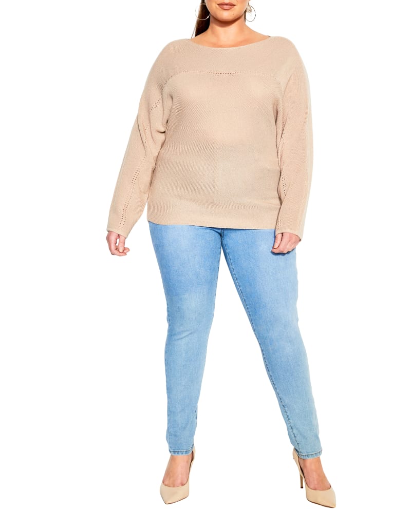 Front of a model wearing a size XXS JUMPER ROMANCE in Soft Sand by City Chic. | dia_product_style_image_id:252407